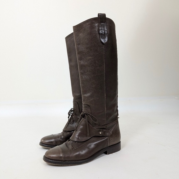 Massimo Dutti Brown Leather Riding Boots Lace Up Knee High Round Toe - Picture 10 of 16